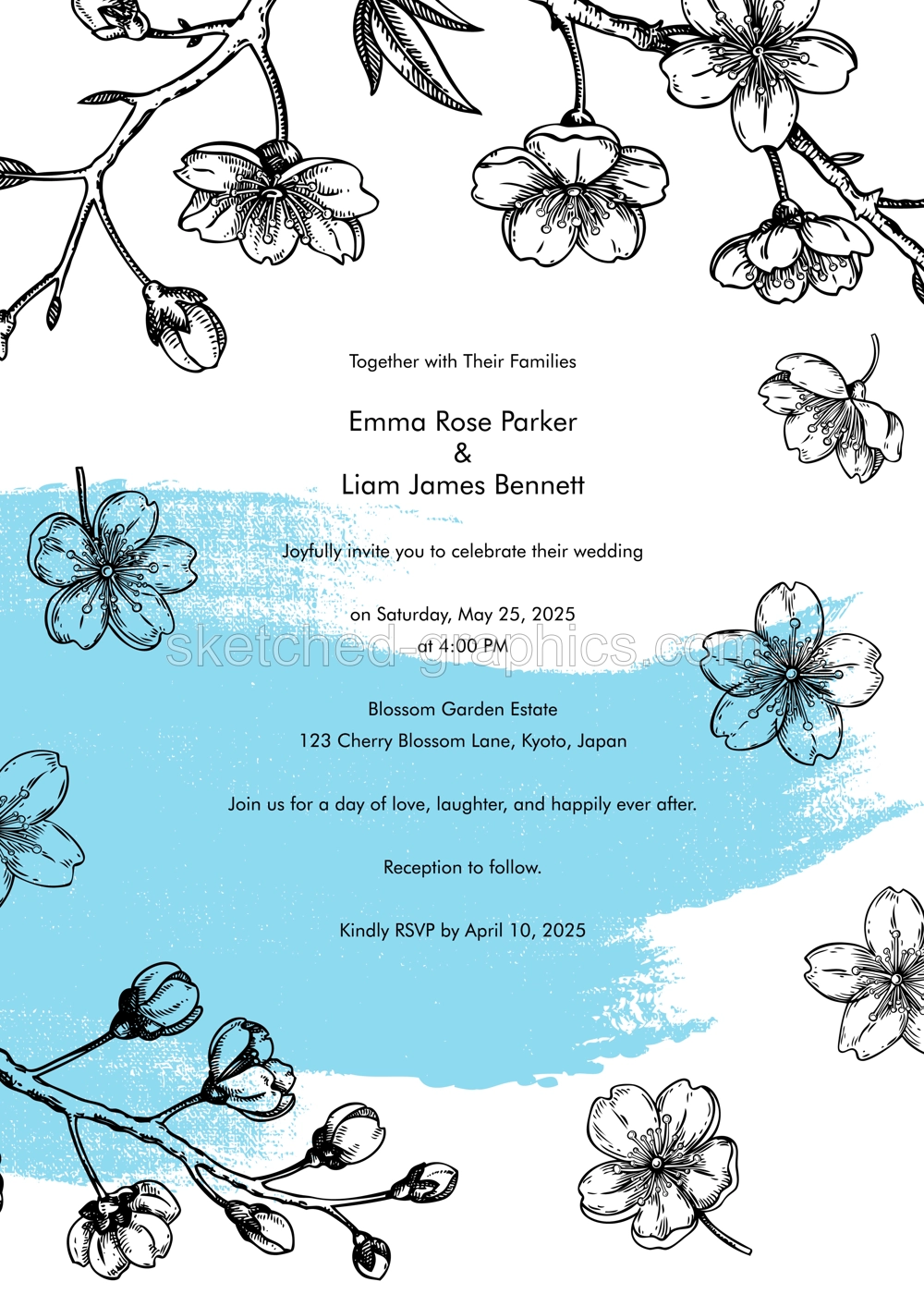 Japanese style invitation design. Spring hand-drawn vector illustration. Sakura, cherry blossom sketches. greeting card template. NOT AI generated Illustration
